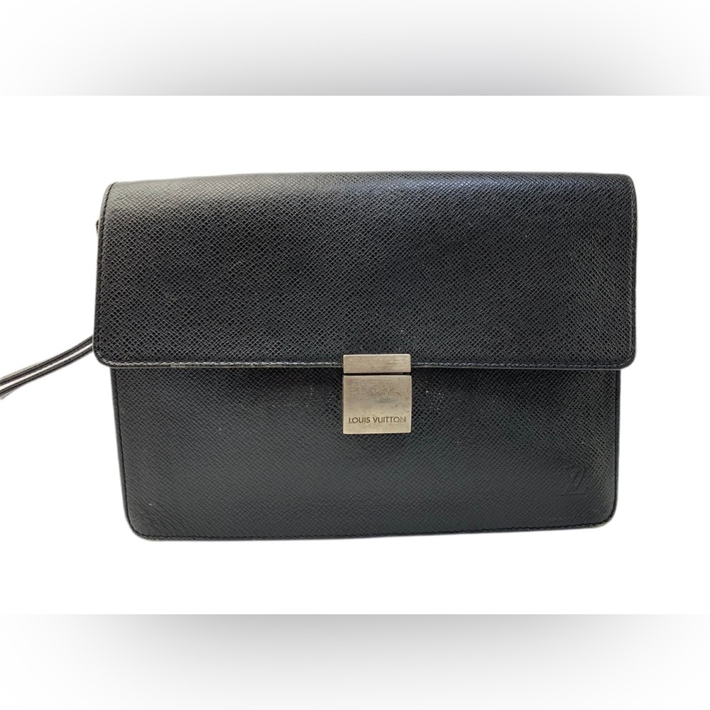 Authentic LOUIS VUITTON LV Selenga Clutch Hand Bag Taiga Leather Ardoise